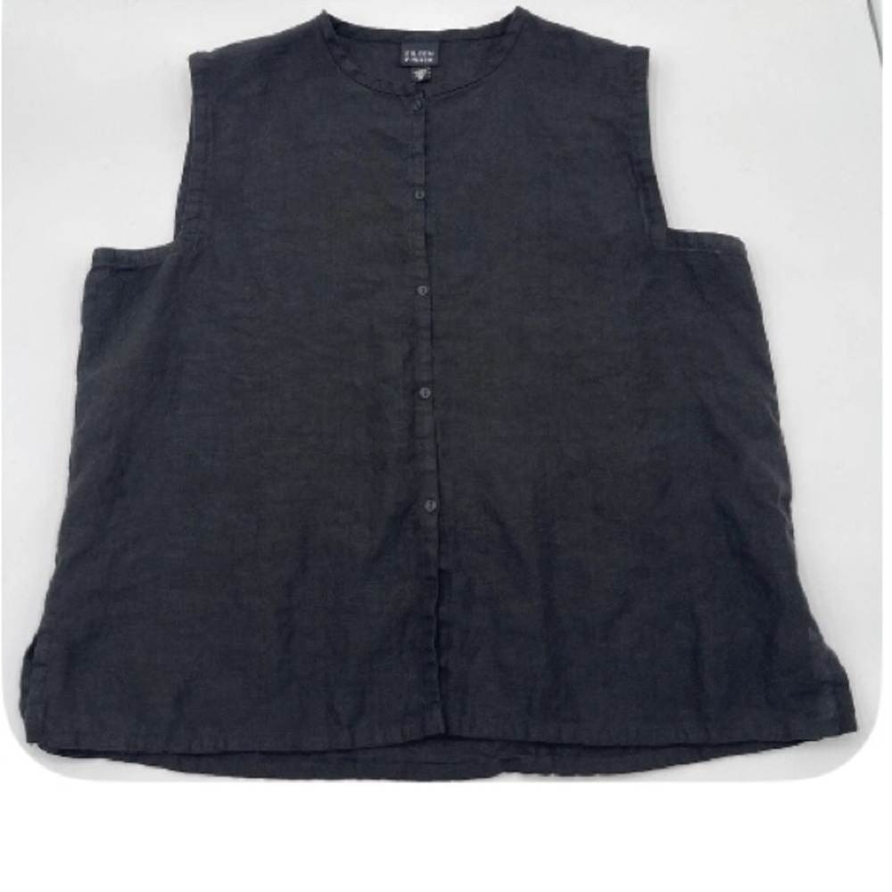 Eileen Fisher Black Sleeveless Button-Front Linen Top